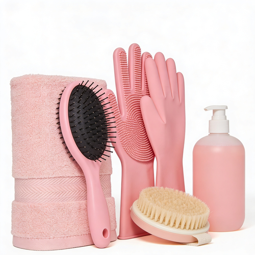 Towntulary Bath Grooming Kit for Pets - Hair Brush Set with Towel, Washing Gloves, and Shampoo Scrubber Brush for Dogs and Cats (Pink)